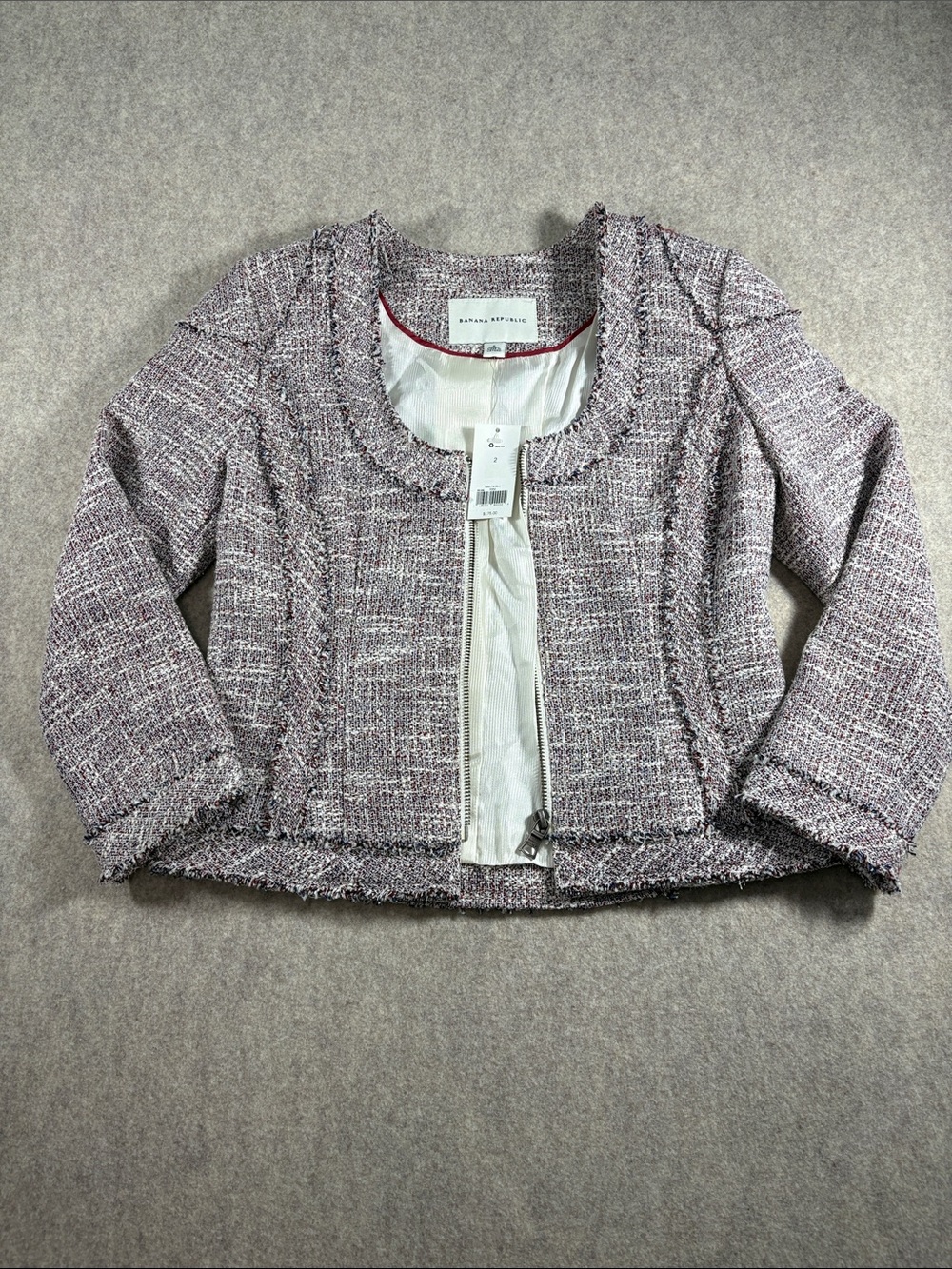 NWT Banana Republic Women’s Tweed Fringe Zip Up Blazer Jacket size 2